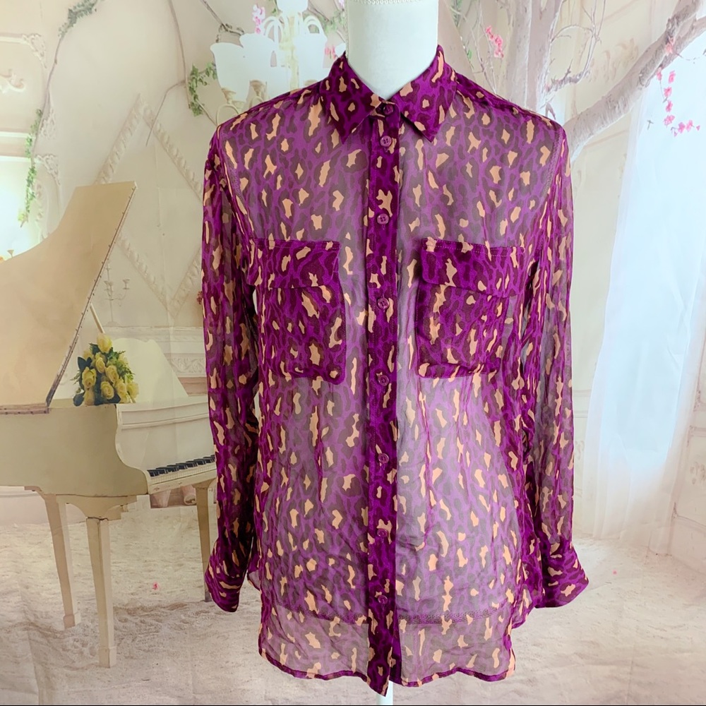 Equipment Sheer Pink Leopard Animal Button down - Picture 2 of 14